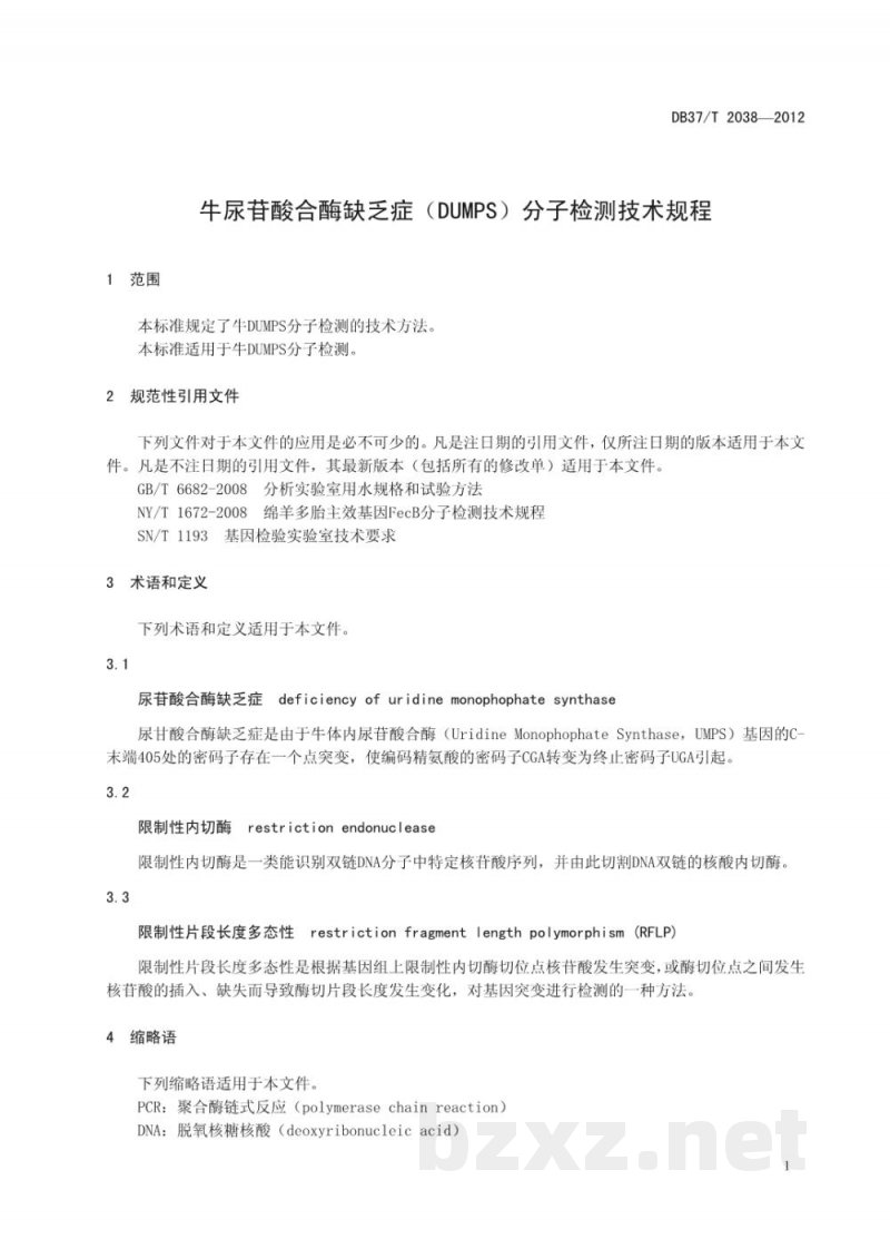 DB37/T 2038-2012牛尿苷酸合酶缺乏症(DUMPS)分子检测技术规程 DB37/T 2038-2012牛尿苷酸合酶缺乏症(DUMPS)分子检测技术规程