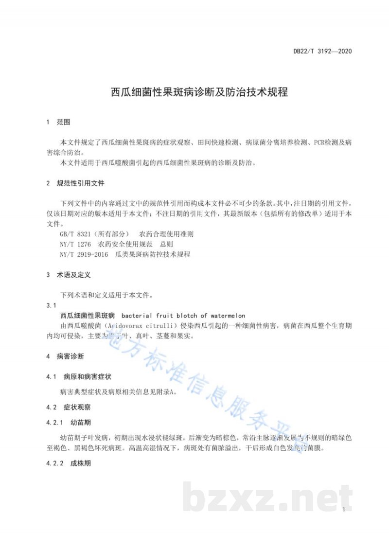 DB22/T 3192-2020西瓜细菌性果斑病诊断及防治技术规程 DB22/T 3192-2020西瓜细菌性果斑病诊断及防治技术规程