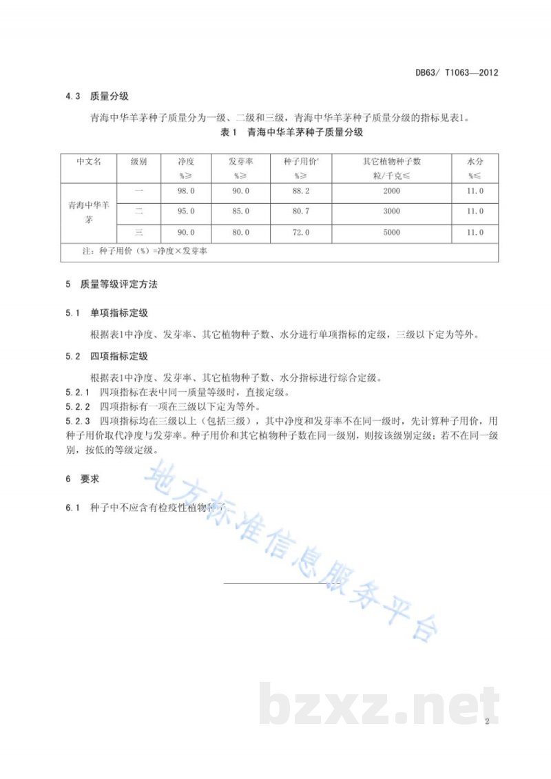DB63/T 1063-2012青海中华羊茅种子质量分级 DB63/T 1063-2012青海中华羊茅种子质量分级