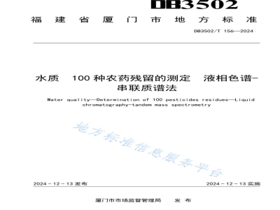 DB3502/T 156-2024水质 100种农药残留的测定 液相色谱-串联质谱法