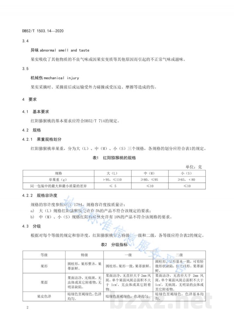 DB52/T 1503.14-2020贵州猕猴桃 第14部分:红阳猕猴桃果品分级技术规程 DB52/T 1503.14-2020贵州猕猴桃 第14部分:红阳猕猴桃果品分级技术规程