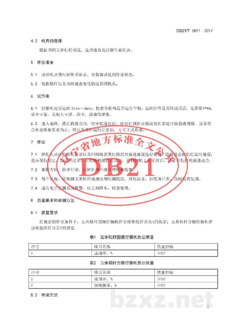 DB21/T 2811-2017玉米秸秆打捆机作业技术规范 DB21/T 2811-2017玉米秸秆打捆机作业技术规范