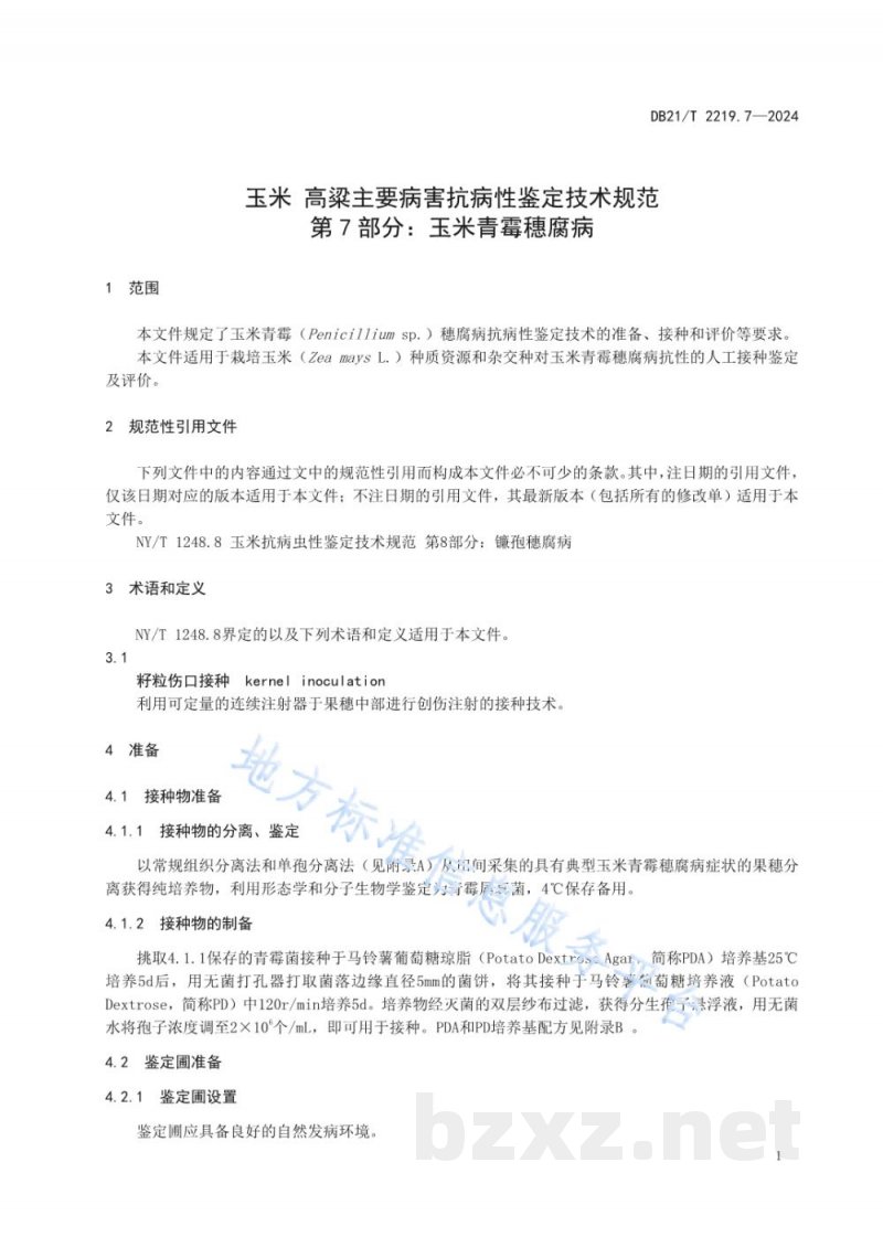 DB21/T 2219.7-2024玉米 高粱主要病害抗性鉴定技术规范 第 7 部分：玉米青霉穗腐病