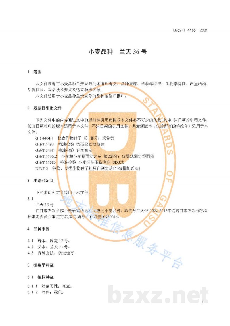 DB62/T 4465-2021小麦品种 兰天36号