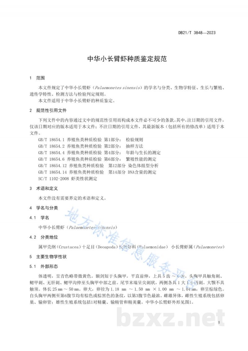 DB21/T 3848-2023中华小长臂虾种质鉴定规范 DB21/T 3848-2023中华小长臂虾种质鉴定规范