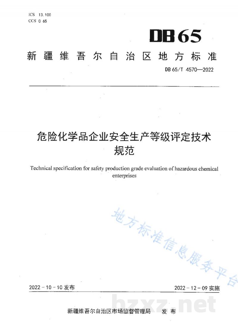 DB65/T 4570-2022危险化学品企业安全生产等级评定技术规范 DB65/T 4570-2022危险化学品企业安全生产等级评定技术规范