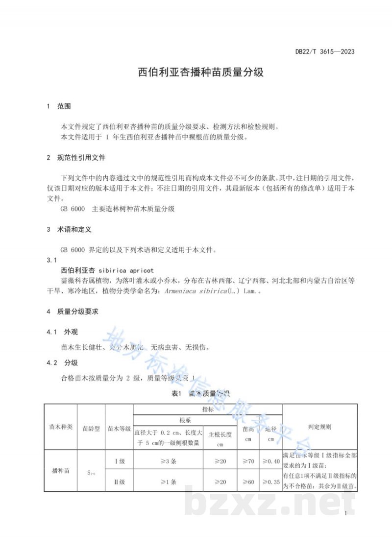 DB22/T 3615-2023西伯利亚杏播种苗质量分级 DB22/T 3615-2023西伯利亚杏播种苗质量分级