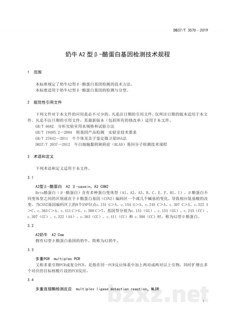DB37/T 3570-2019奶牛A2型β-酪蛋白基因检测技术规程 DB37/T 3570-2019奶牛A2型β-酪蛋白基因检测技术规程
