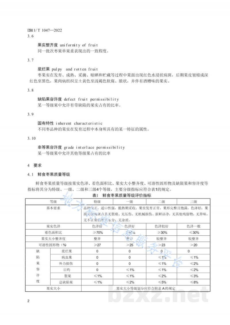 DB11/T 1047-2022果品等级 鲜食枣 DB11/T 1047-2022果品等级 鲜食枣