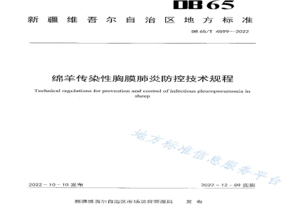 DB65/T 4599-2022绵羊传染性胸膜肺炎防控技术规程