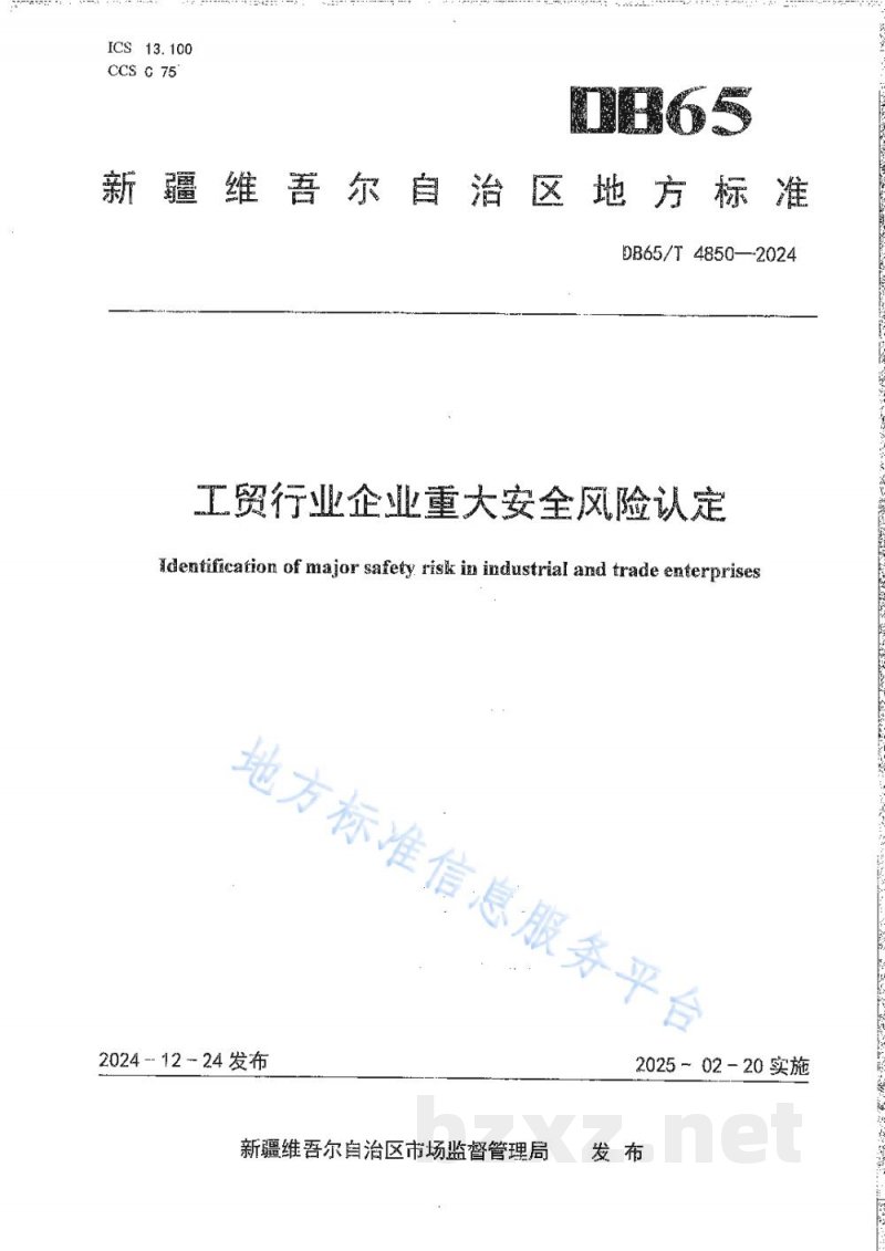 DB65/T 4850-2024工贸行业企业重大安全风险认定 DB65/T 4850-2024工贸行业企业重大安全风险认定