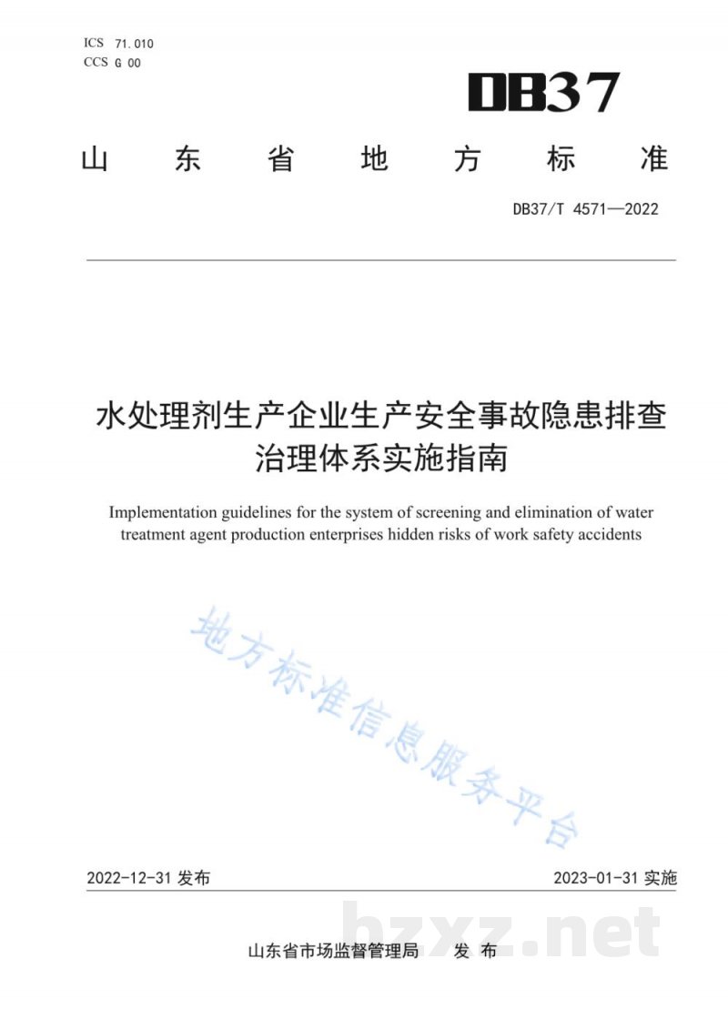 DB37/T 4571-2022水处理剂生产企业生产安全事故隐患排查治理体系实施指南 DB37/T 4571-2022水处理剂生产企业生产安全事故隐患排查治理体系实施指南
