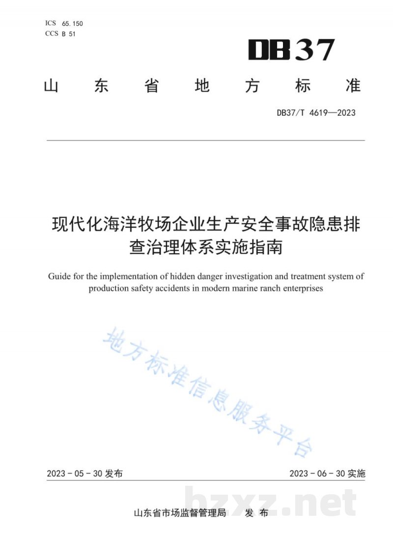 DB37/T 4619-2023现代化海洋牧场企业生产安全事故隐患排查治理体系实施指南 DB37/T 4619-2023现代化海洋牧场企业生产安全事故隐患排查治理体系实施指南