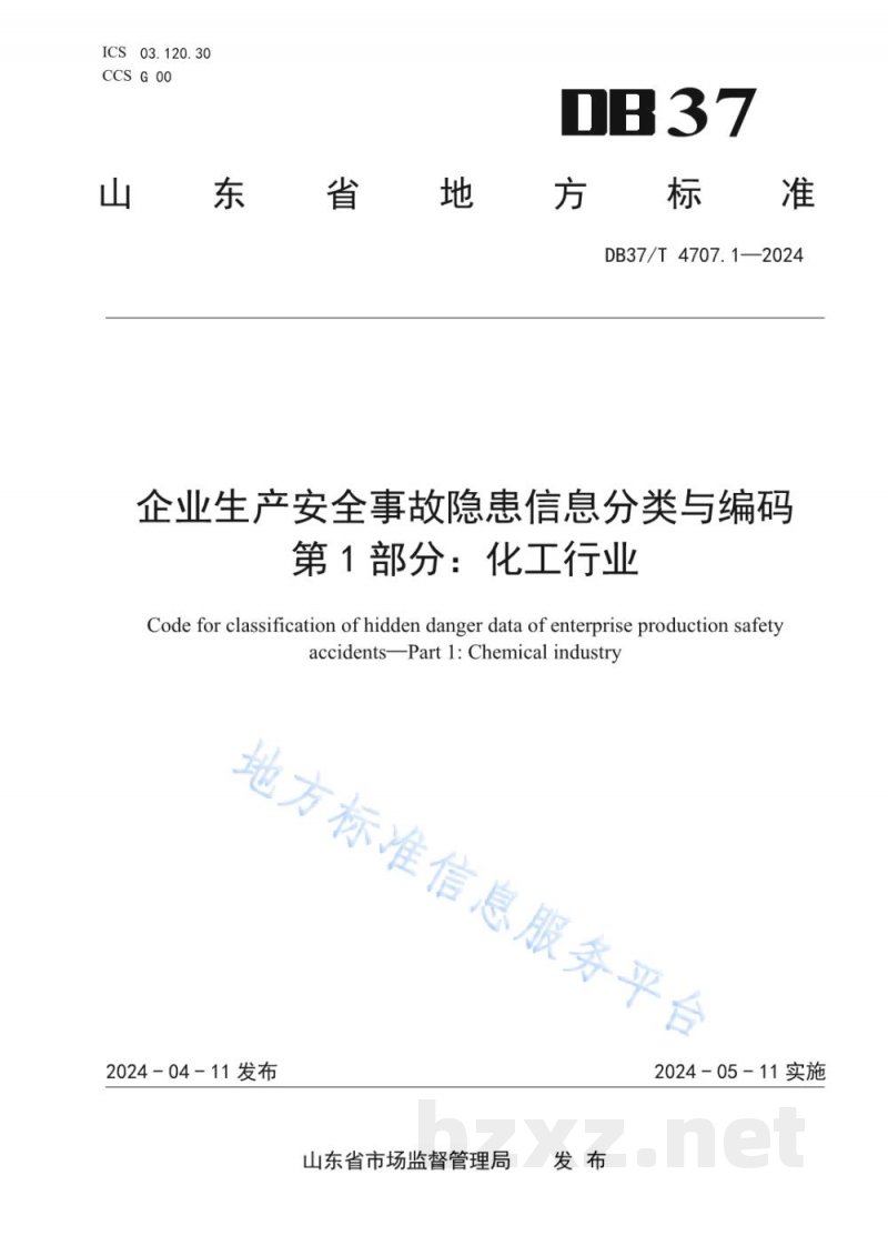 DB37/T 4707.1-2024企业生产安全事故隐患信息分类与编码 第1部分:化工行业 DB37/T 4707.1-2024企业生产安全事故隐患信息分类与编码 第1部分:化工行业