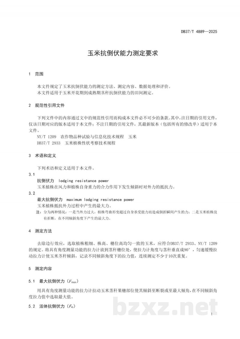 DB37/T 4889-2025玉米抗倒伏能力测定要求 DB37/T 4889-2025玉米抗倒伏能力测定要求