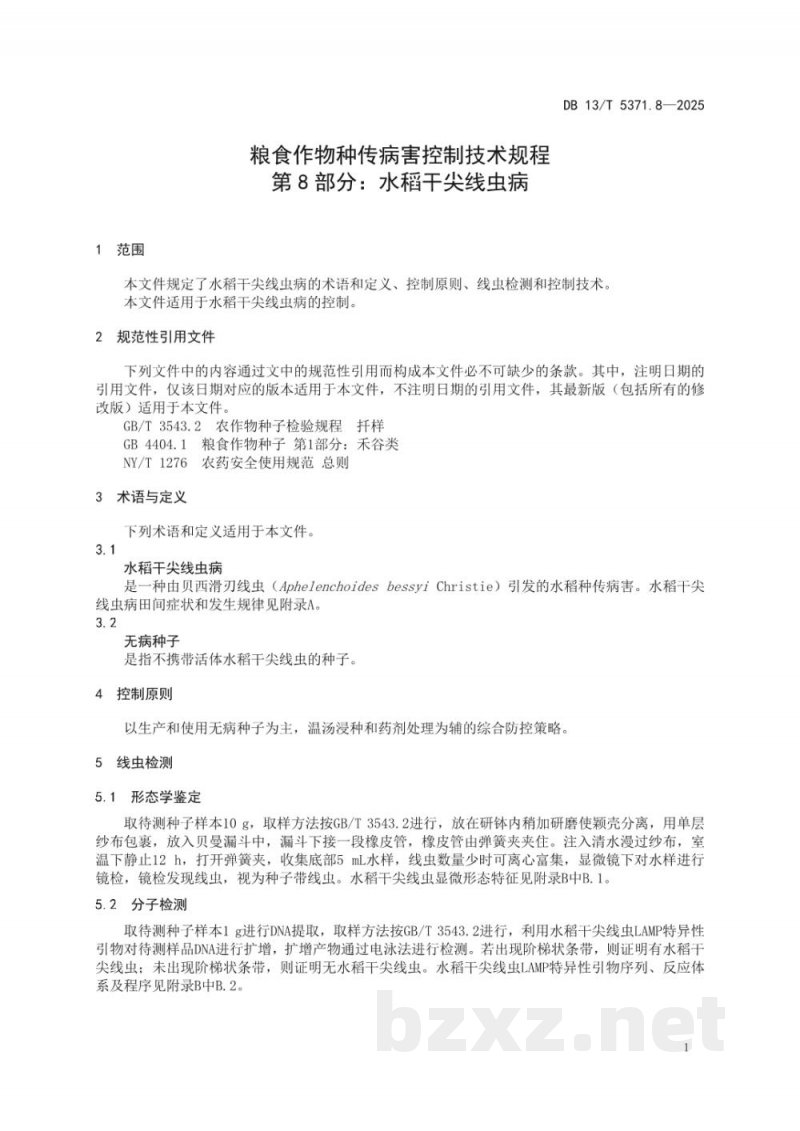 DB13/T 5371.8-2025粮食作物种传病害控制技术规程 第8部分:水稻干尖线虫病 DB13/T 5371.8-2025粮食作物种传病害控制技术规程 第8部分:水稻干尖线虫病