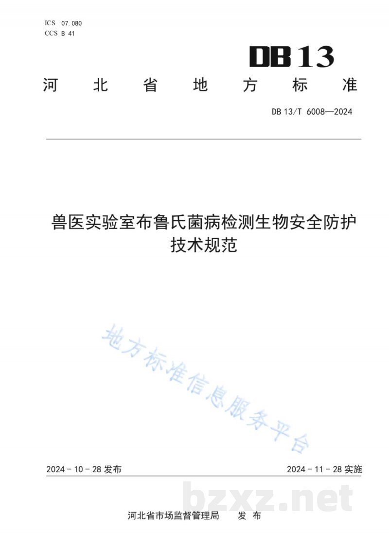 DB13/T 6008-2024兽医实验室布鲁氏菌病检测生物安全防护技术规范 DB13/T 6008-2024兽医实验室布鲁氏菌病检测生物安全防护技术规范