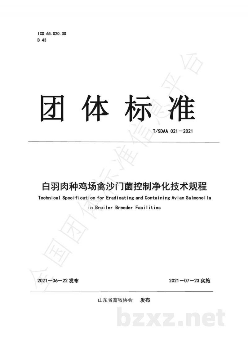 T/SDAA 021-2021白羽肉种鸡场禽沙门菌控制净化技术规程 T/SDAA 021-2021白羽肉种鸡场禽沙门菌控制净化技术规程