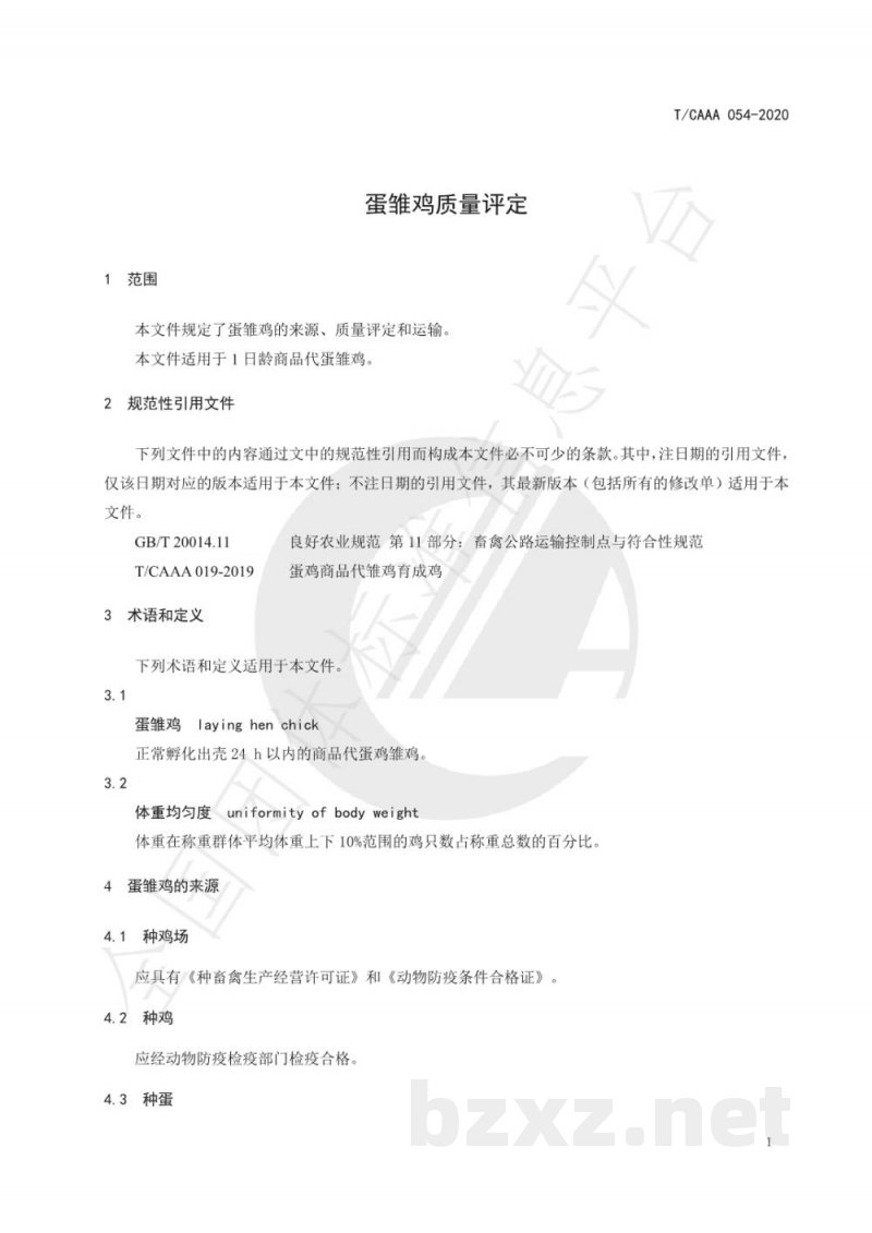 T/CAAA 054-2020蛋雏鸡质量评定 T/CAAA 054-2020蛋雏鸡质量评定