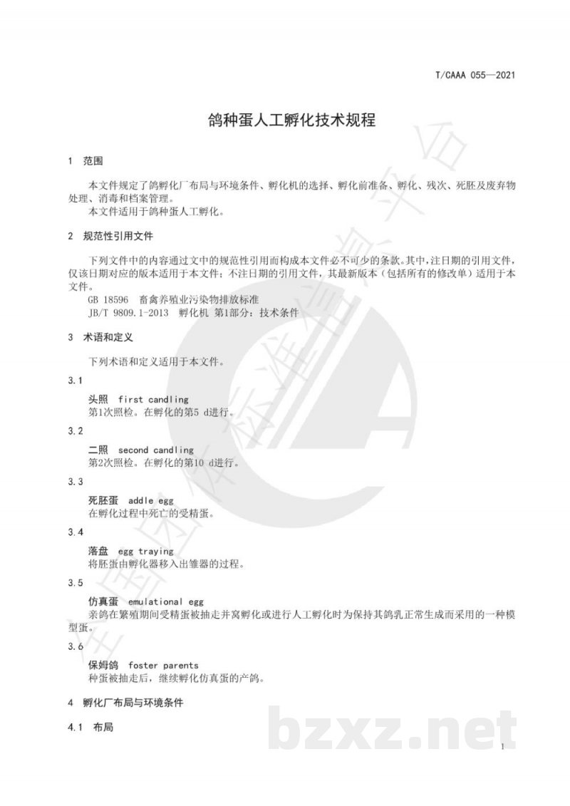 T/CAAA 055-2021鸽种蛋人工孵化技术规程 T/CAAA 055-2021鸽种蛋人工孵化技术规程