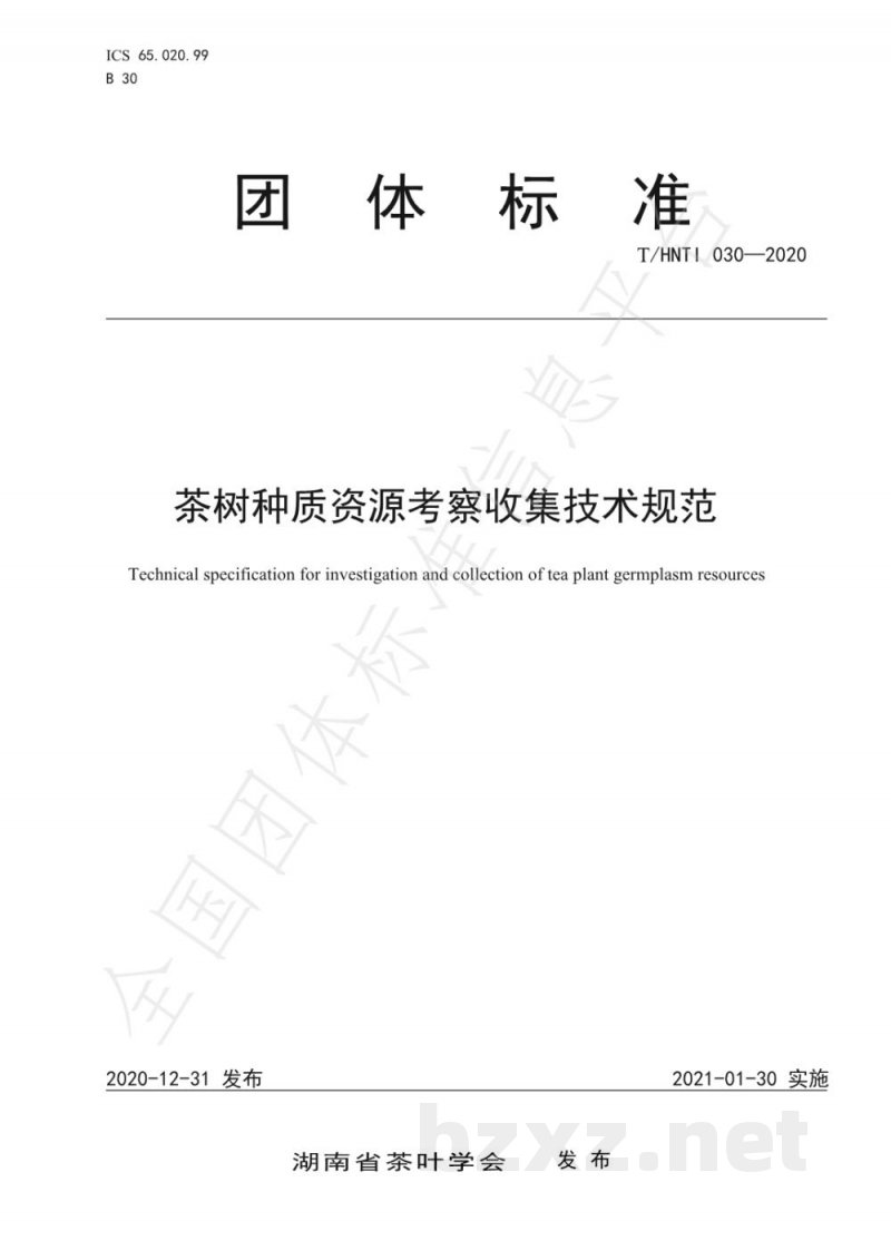 T/HNTI 030-2020茶树种质资源考察收集技术规范 T/HNTI 030-2020茶树种质资源考察收集技术规范