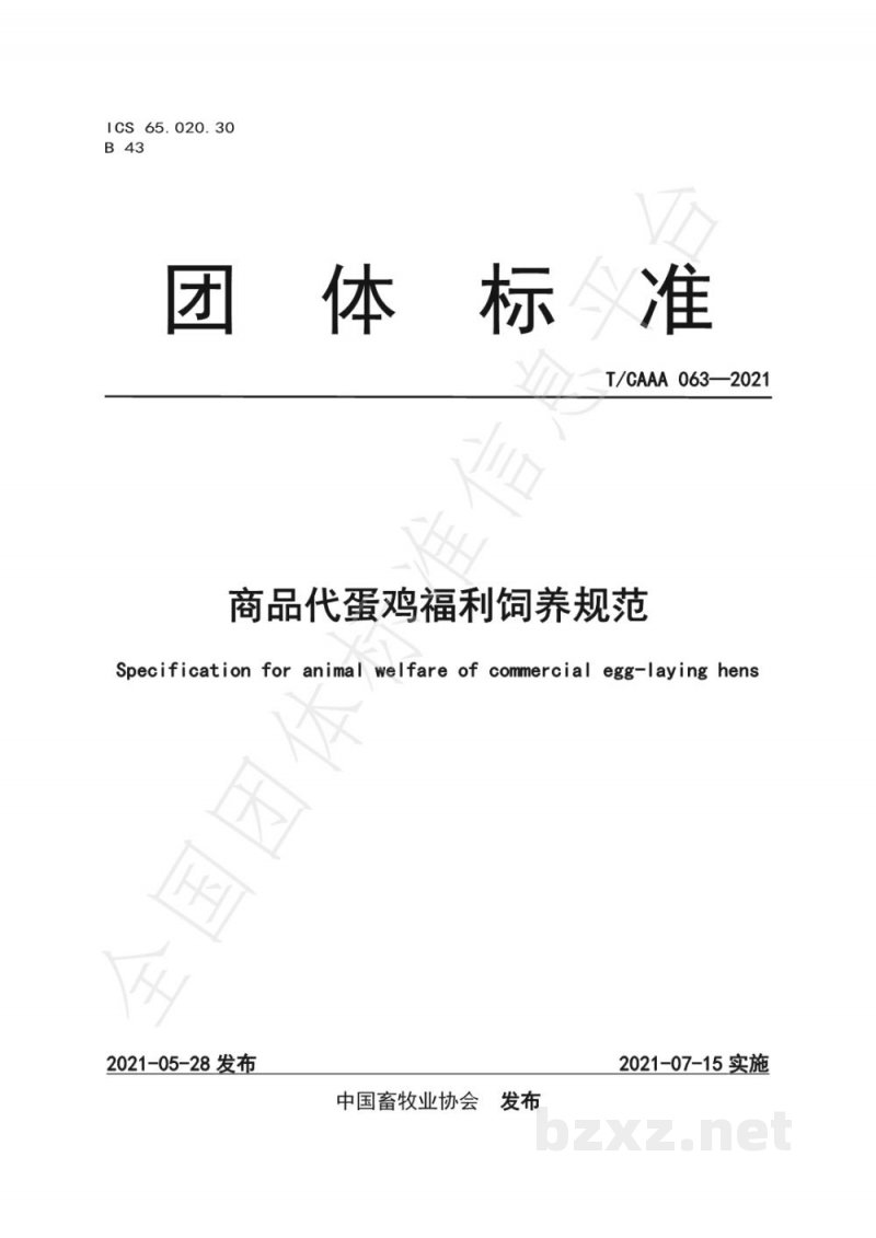 T/CAAA 063-2021商品代蛋鸡福利饲养规范 T/CAAA 063-2021商品代蛋鸡福利饲养规范