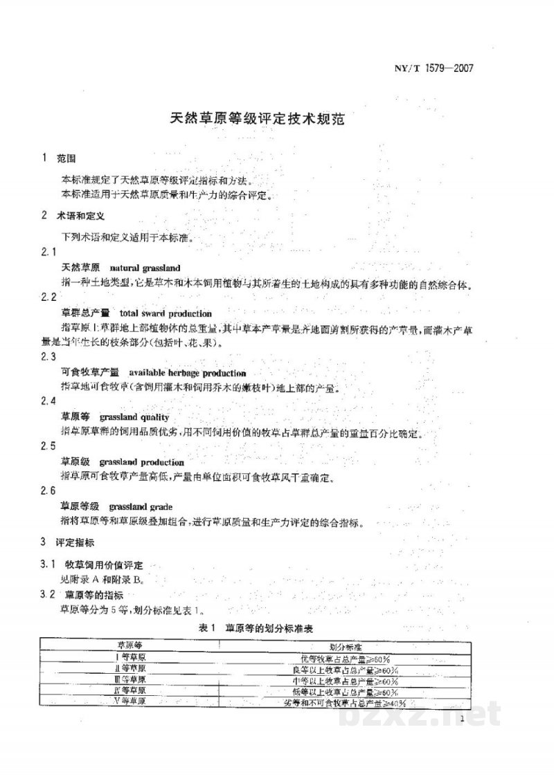 NY/T 1579-2007天然草原等级评定技术规范 NY/T 1579-2007天然草原等级评定技术规范