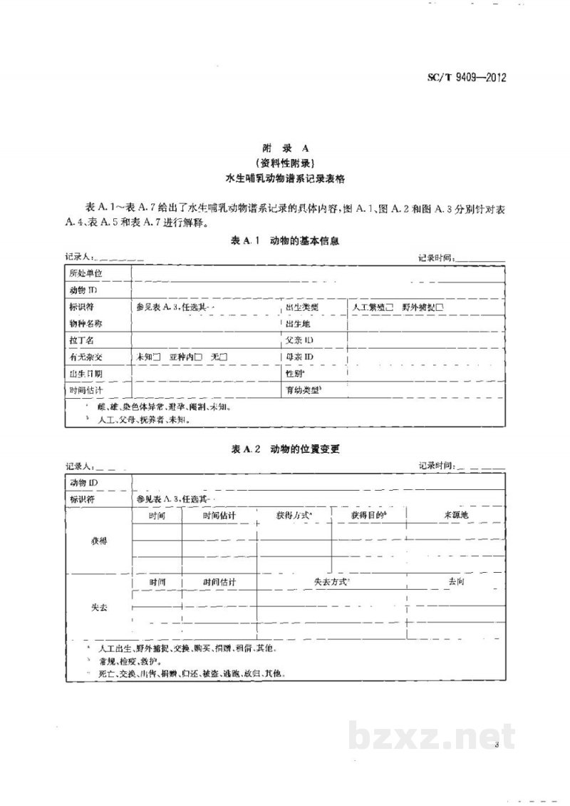 SC/T 9409-2012水生哺乳动物谱系记录规范 SC/T 9409-2012水生哺乳动物谱系记录规范