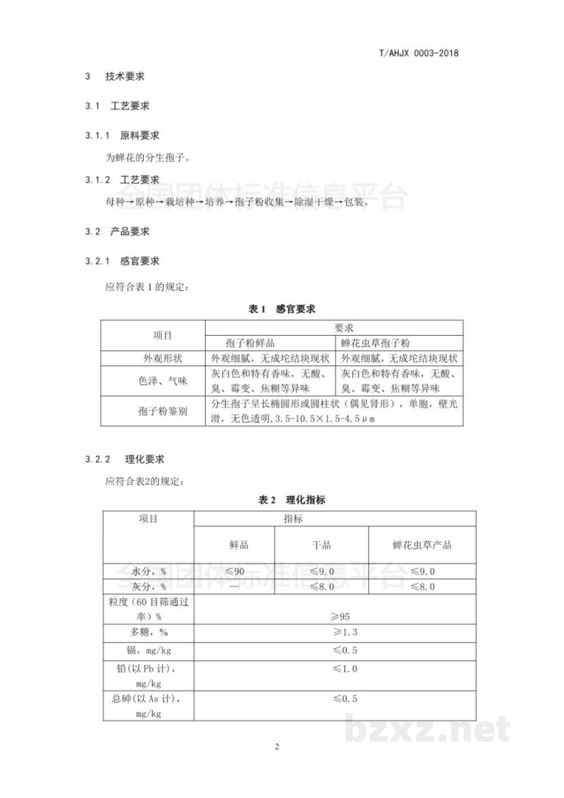 T/AHJX 0003-2018蝉花虫草—孢子粉 T/AHJX 0003-2018蝉花虫草—孢子粉