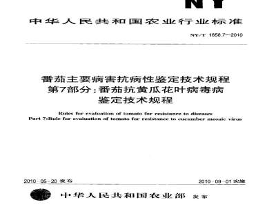 NY/T 1858.7-2010番茄主要病害抗病性鉴定技术规程第7部分：番茄抗黄瓜花叶病毒病鉴定技术规程