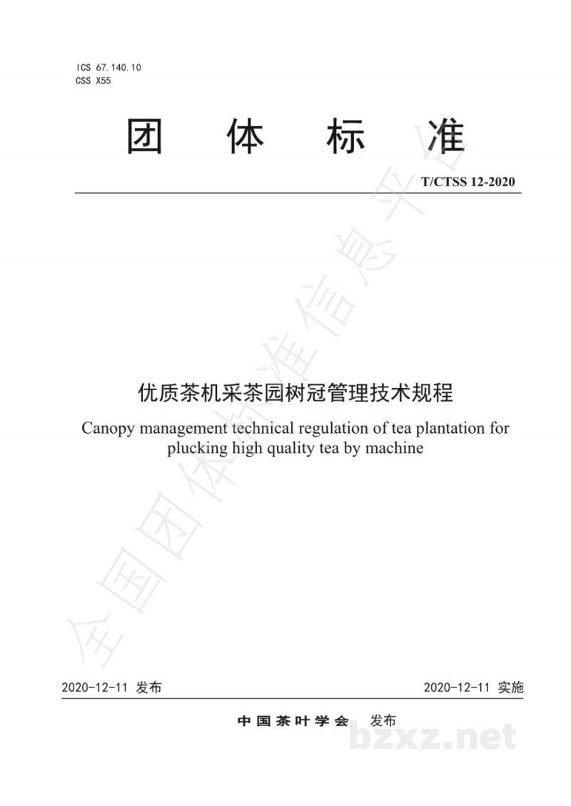 T/CTSS 12-2020优质茶机采茶园树冠管理技术规程 T/CTSS 12-2020优质茶机采茶园树冠管理技术规程