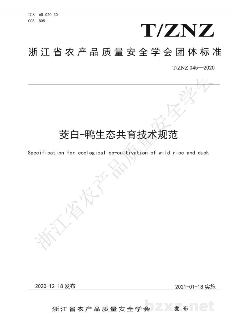 T/ZNZ 045-2020茭白-鸭生态共育技术规范 T/ZNZ 045-2020茭白-鸭生态共育技术规范