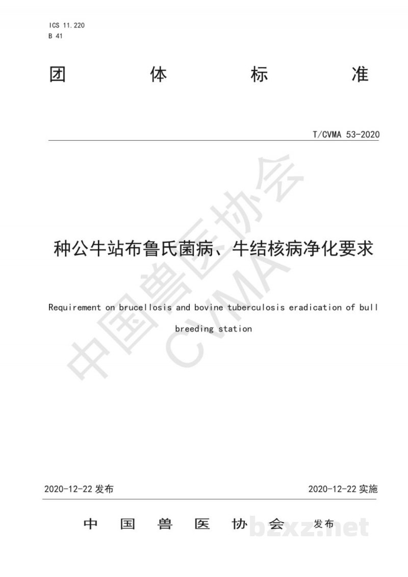 T/CVMA 53-2020种公牛站布鲁氏菌病、牛结核病净化要求 T/CVMA 53-2020种公牛站布鲁氏菌病、牛结核病净化要求