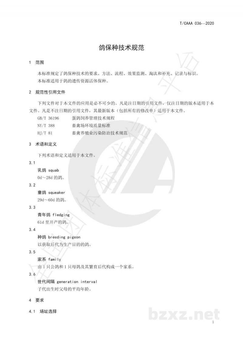 T/CAAA 036-2020鸽保种技术规范 T/CAAA 036-2020鸽保种技术规范