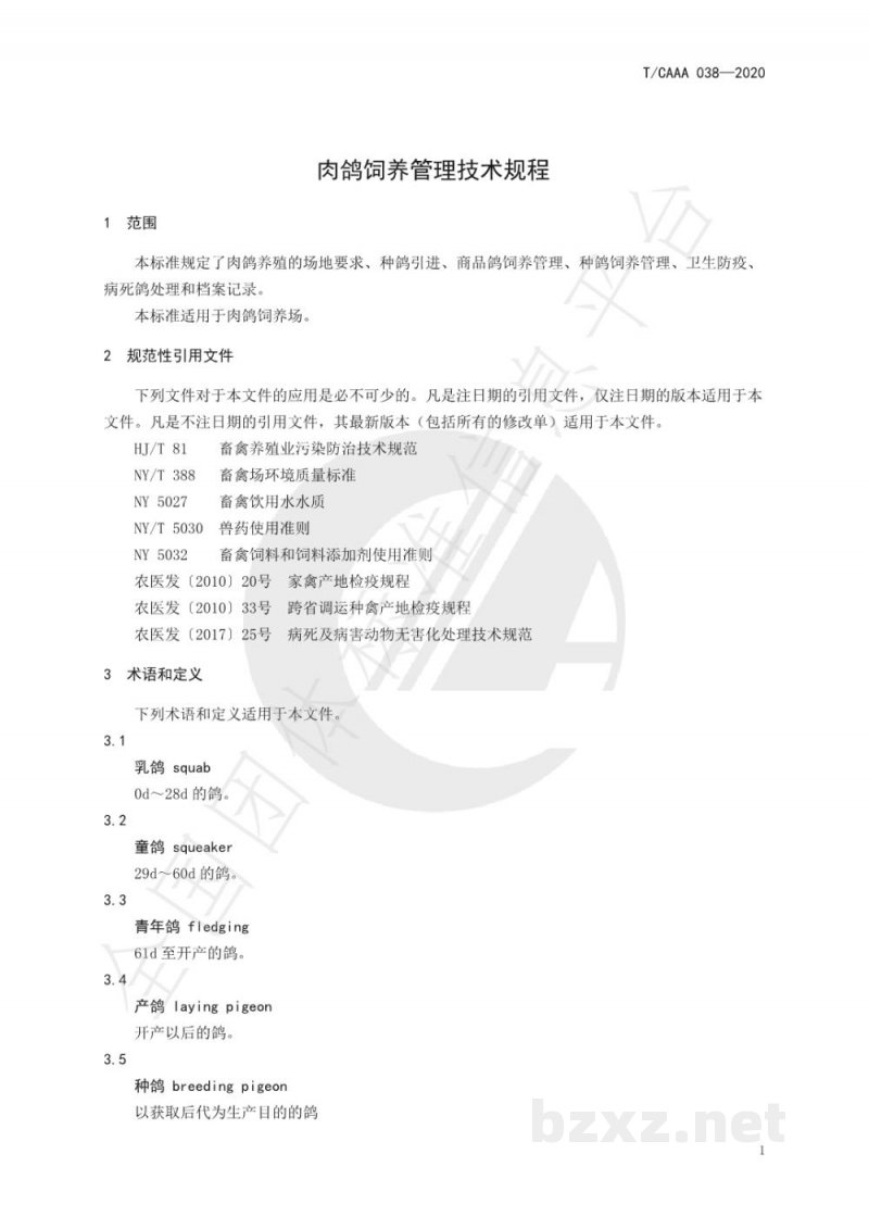 T/CAAA 038-2020肉鸽饲养管理技术规程 T/CAAA 038-2020肉鸽饲养管理技术规程