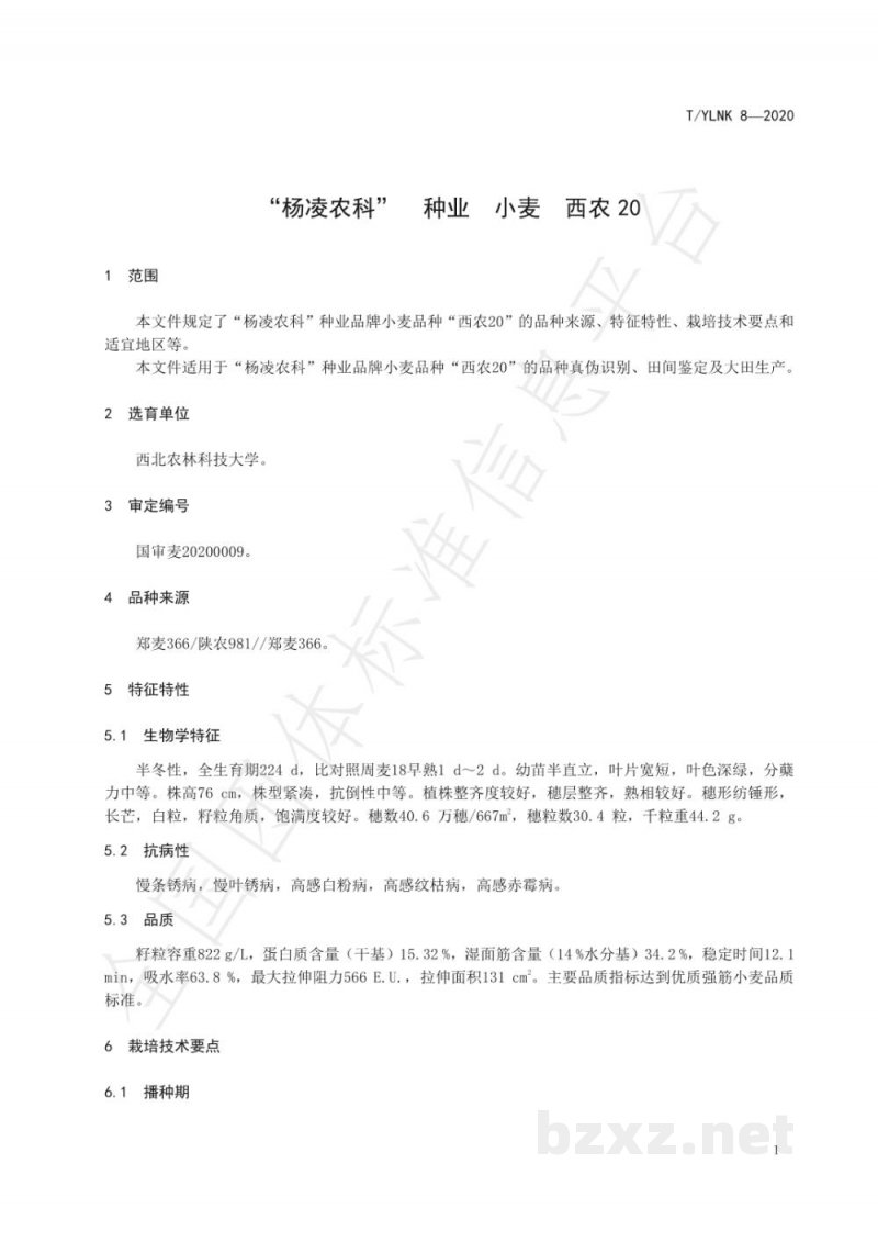 T/YLNK 8-2020“杨凌农科” 种业 小麦 西农20 T/YLNK 8-2020“杨凌农科” 种业 小麦 西农20