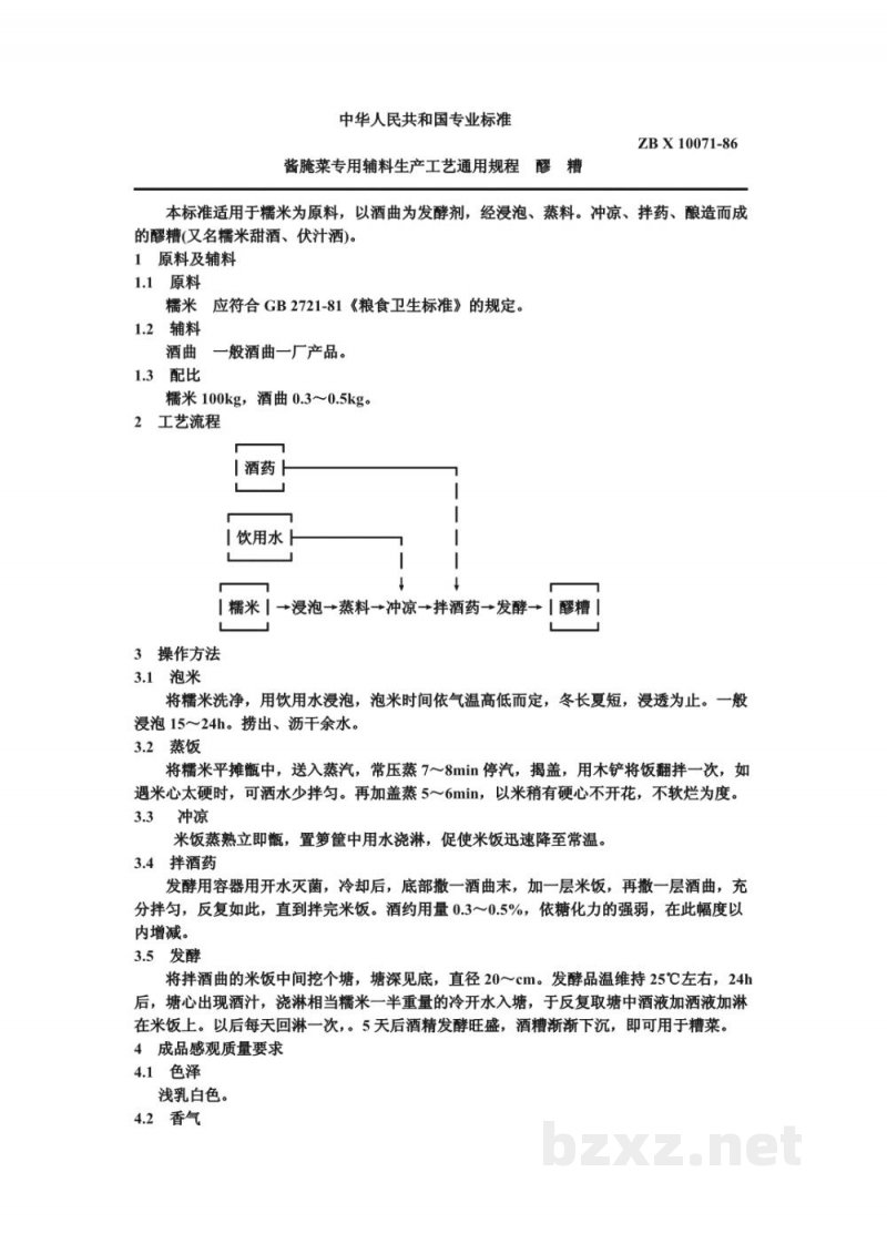 ZB X 10071-86酱腌菜专用辅料生产工艺通用规程 醪糟 ZB X 10071-86酱腌菜专用辅料生产工艺通用规程 醪糟