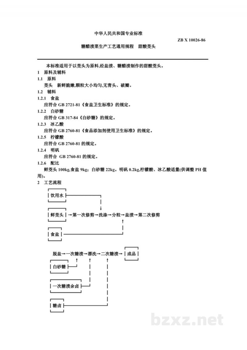 ZB X 10026-86糖醋渍菜生产工艺通用规程 甜酸茭头 ZB X 10026-86糖醋渍菜生产工艺通用规程 甜酸茭头