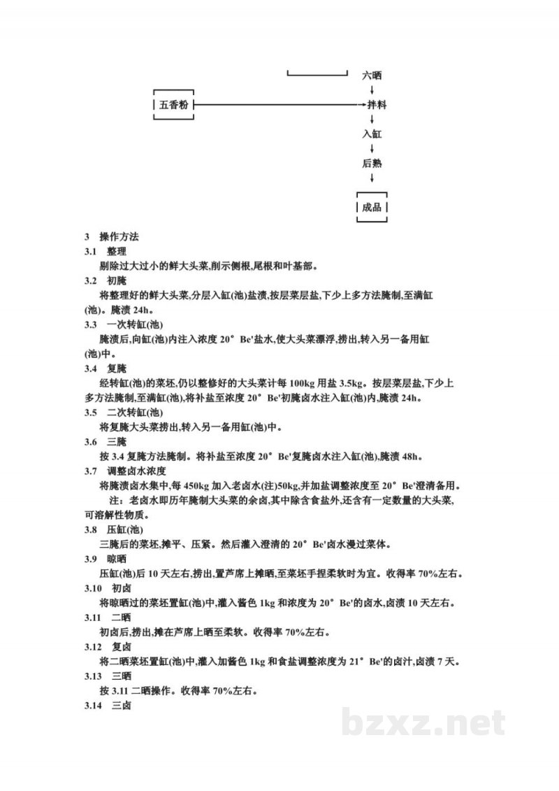 ZB X 10034-86酱油渍菜生产工艺通用规程 五香大头菜(三腌五卤六晒)
