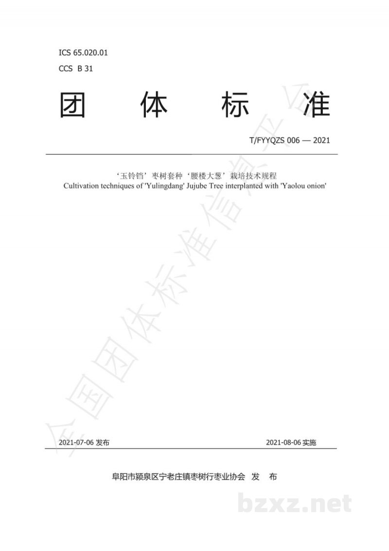 T/FYYQZS 006-2021‘玉铃铛’枣树套种‘腰楼大葱’栽培技术规程