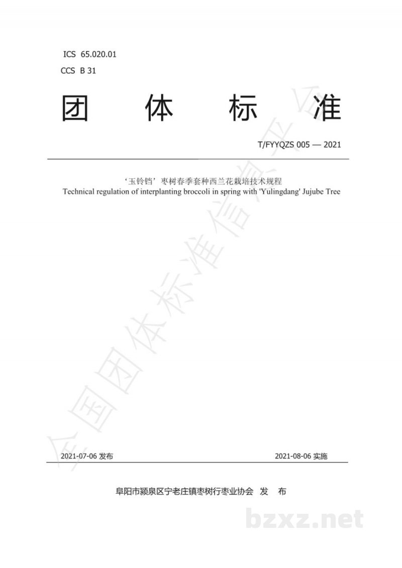 T/FYYQZS 005-2021‘玉铃铛’枣树春季套种西兰花栽培技术规程 T/FYYQZS 005-2021‘玉铃铛’枣树春季套种西兰花栽培技术规程