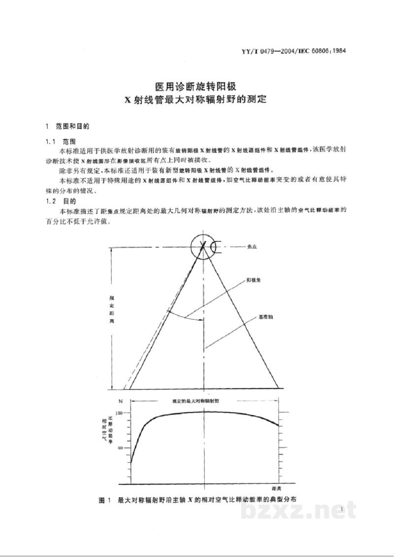 YY/T 0479-2004医用诊断旋转阳极 X射线管最大对称辐射野的测定 YY/T 0479-2004医用诊断旋转阳极 X射线管最大对称辐射野的测定