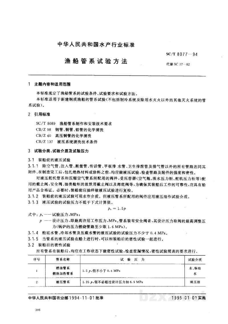 SC/T 8077-1994渔船管系试验方法 SC/T 8077-1994渔船管系试验方法