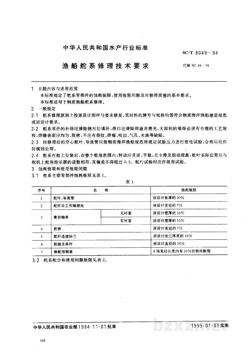 SC/T 8049-1994渔船舵系修理技术要求 SC/T 8049-1994渔船舵系修理技术要求