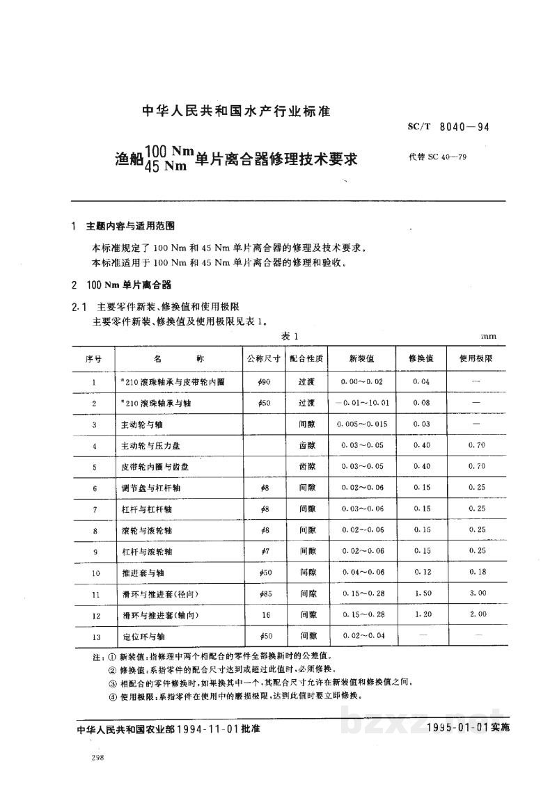 SC/T 8040-1994渔船100Nm、45Nm单片离合器修理技术要求 SC/T 8040-1994渔船100Nm、45Nm单片离合器修理技术要求