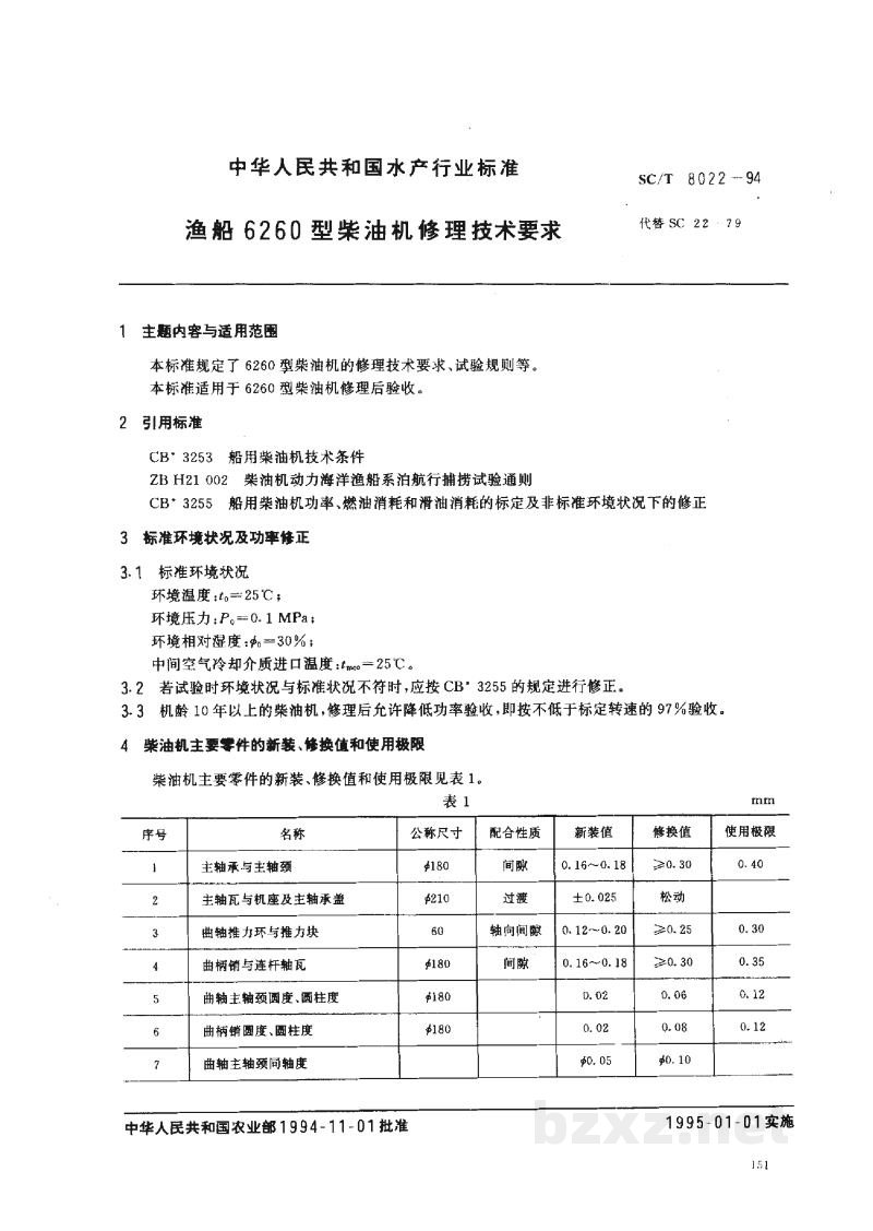 SC/T 8022-1994渔船6260型柴油机修理技术要求 SC/T 8022-1994渔船6260型柴油机修理技术要求