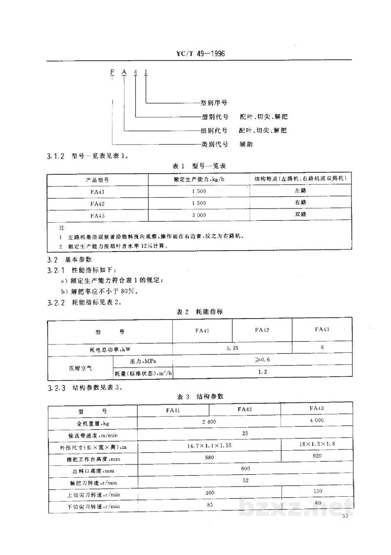 YC/T 49-1996烟草机械 FA41~43型配叶切尖解把机 YC/T 49-1996烟草机械 FA41~43型配叶切尖解把机