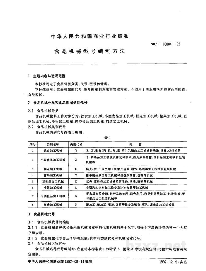 SB/T 10084-1992食品机械型号编制方法 SB/T 10084-1992食品机械型号编制方法