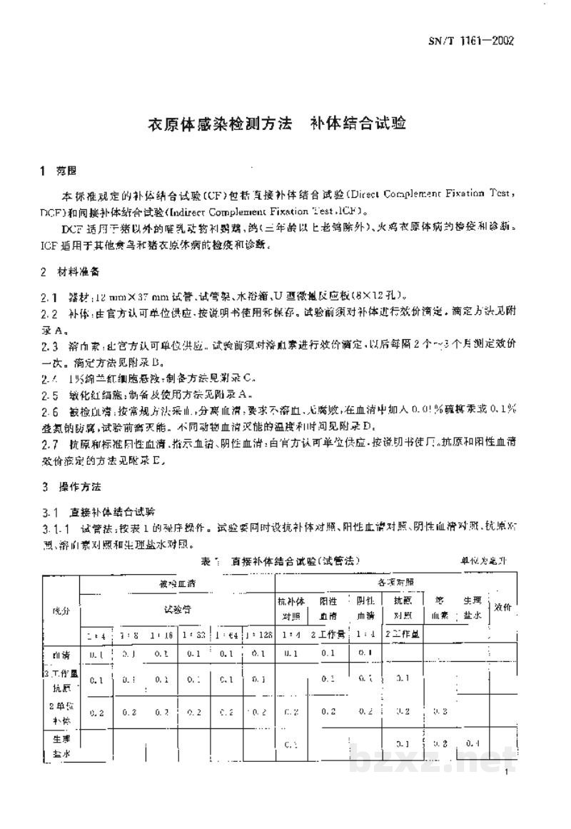 SN/T 1161-2002衣原体感染检测方法 补体结合试验 SN/T 1161-2002衣原体感染检测方法 补体结合试验