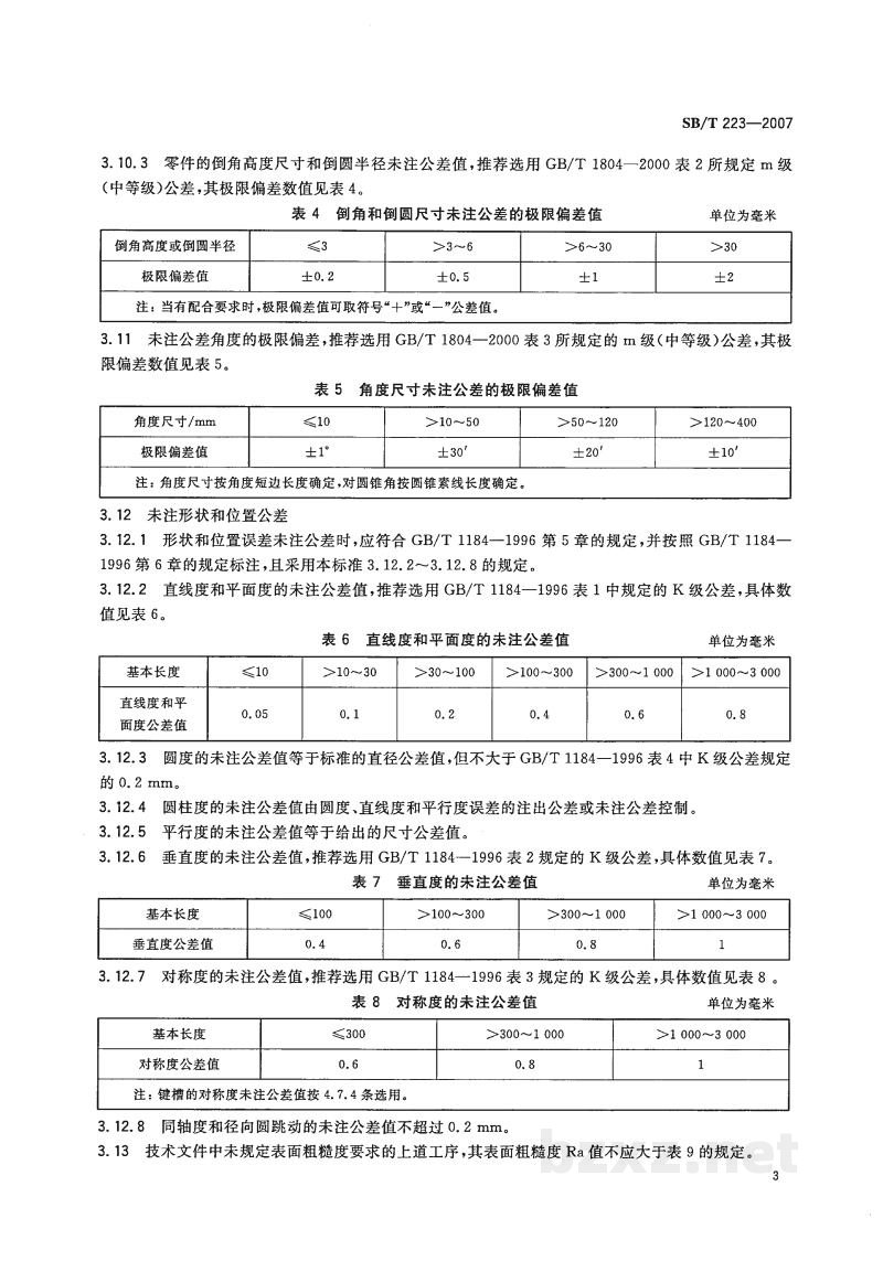 SB/T 223-2007食品机械通用技术条件 机械加工技术要求 SB/T 223-2007食品机械通用技术条件 机械加工技术要求